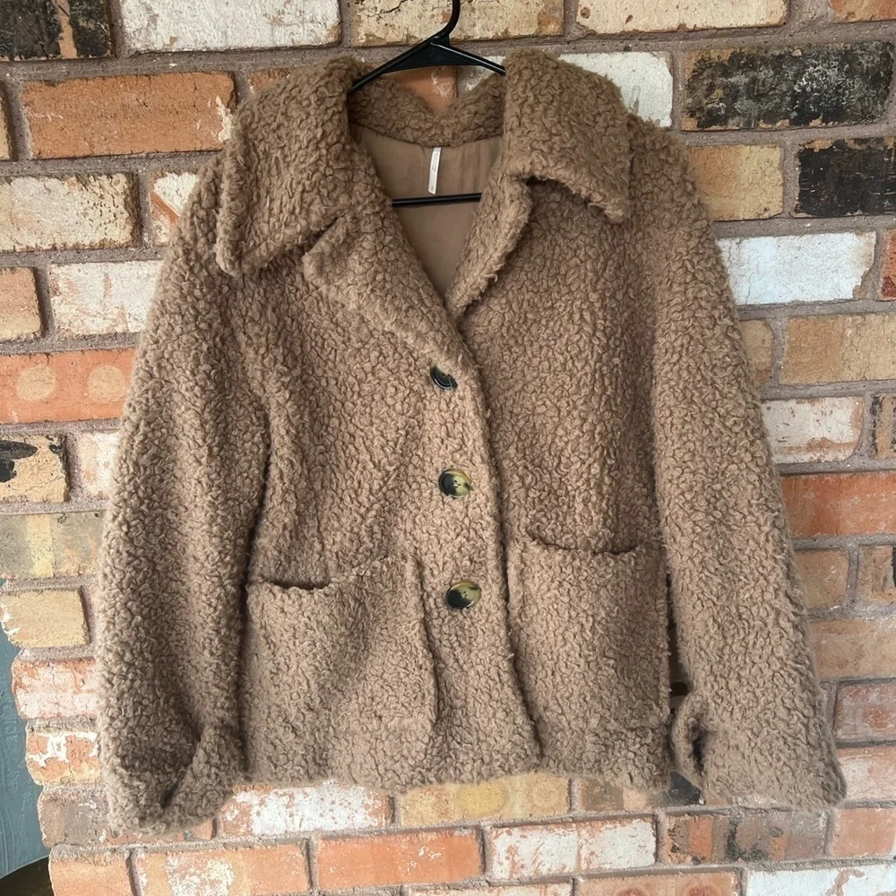 Free People So Soft Cozy Peacoat Teddy Sherpa Coat in Camel/Brown